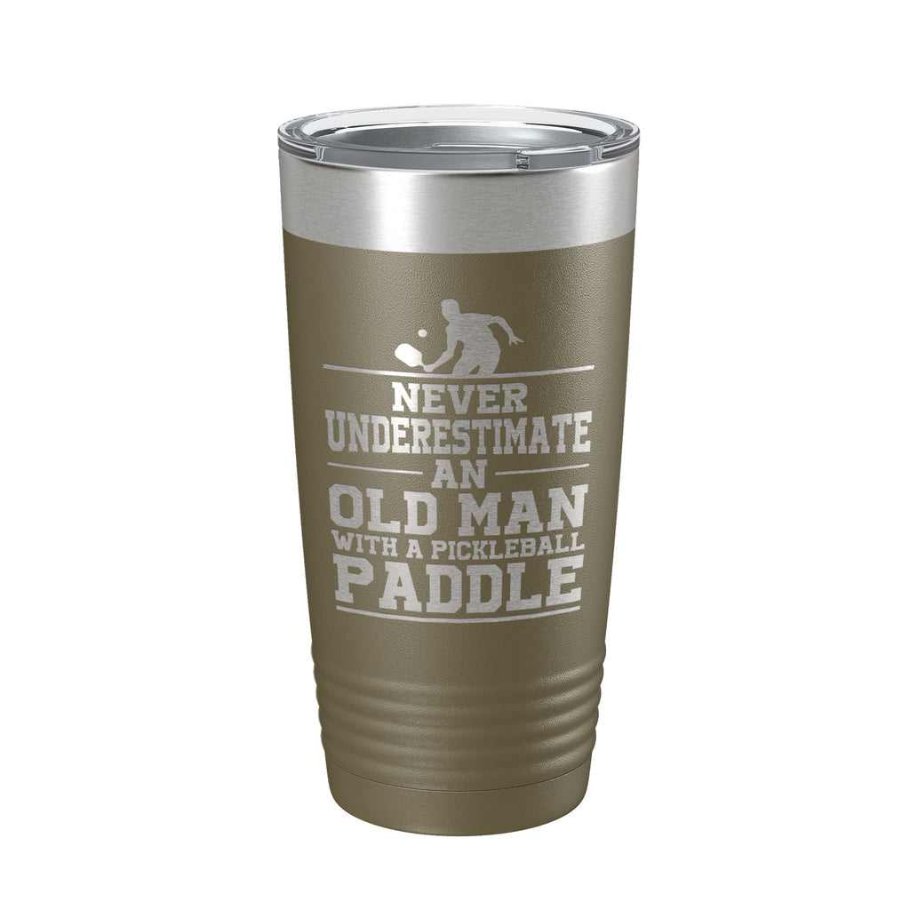 Funny Pickleball Tumbler Never Underestimate An Old Man With A Pickle Ball Paddle Travel Mug Insulated Laser Engraved Coffee Cup Gift 20 oz